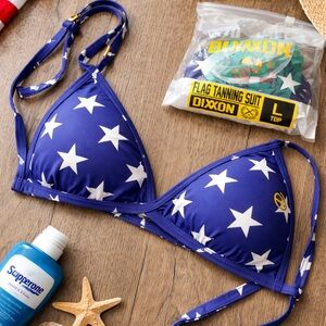 NWT: Dixxon Flag Star Triangle Bikini Top - Blue & White: size large